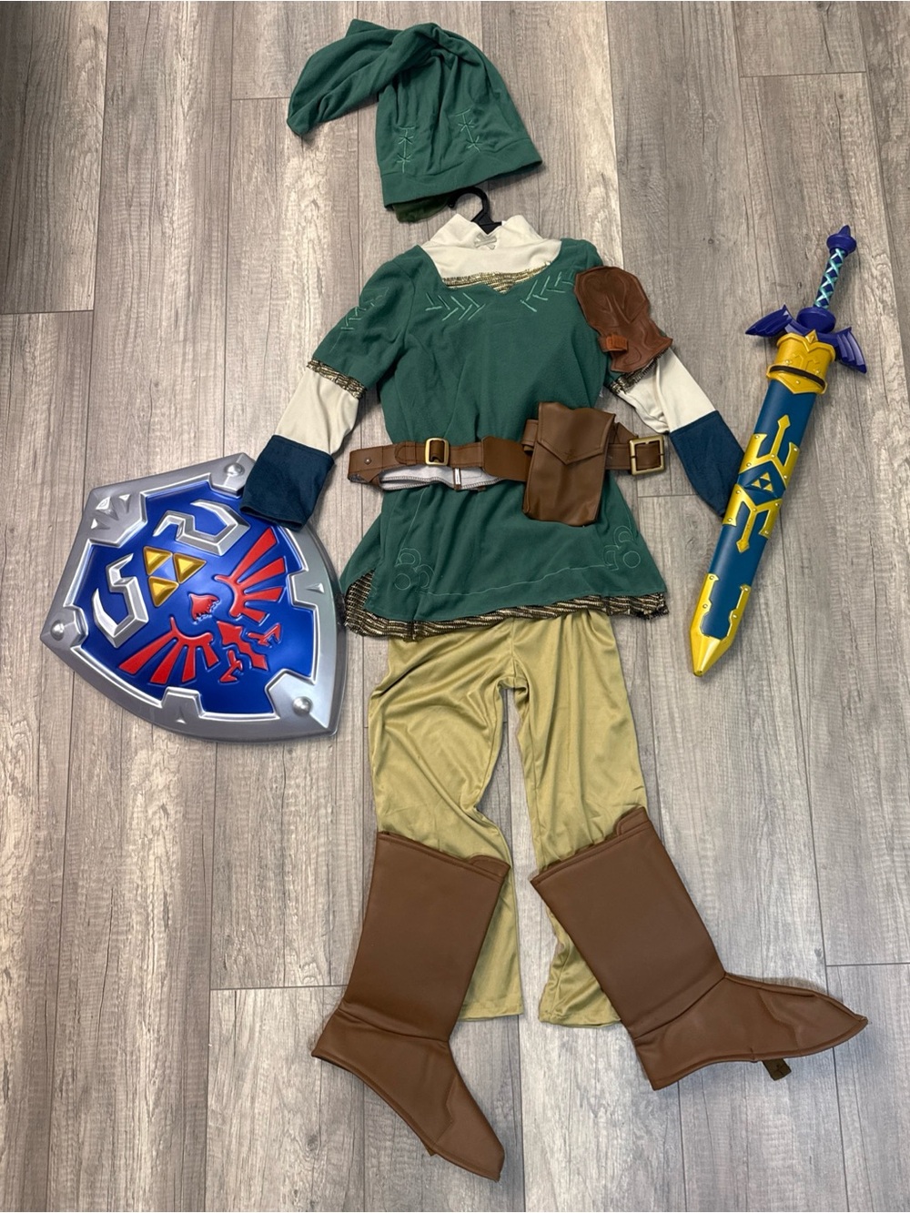 Nintendo Link-Inspired Green and Gold Hero Costume with Blue Shield & Sword